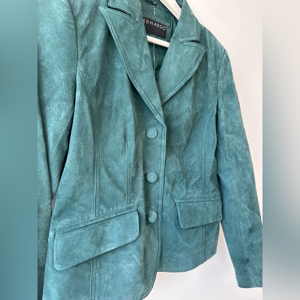 Bernardo - Genuine Leather Suede Jacket - Teal - Fitted - Size 8 - Picture 3 of 11